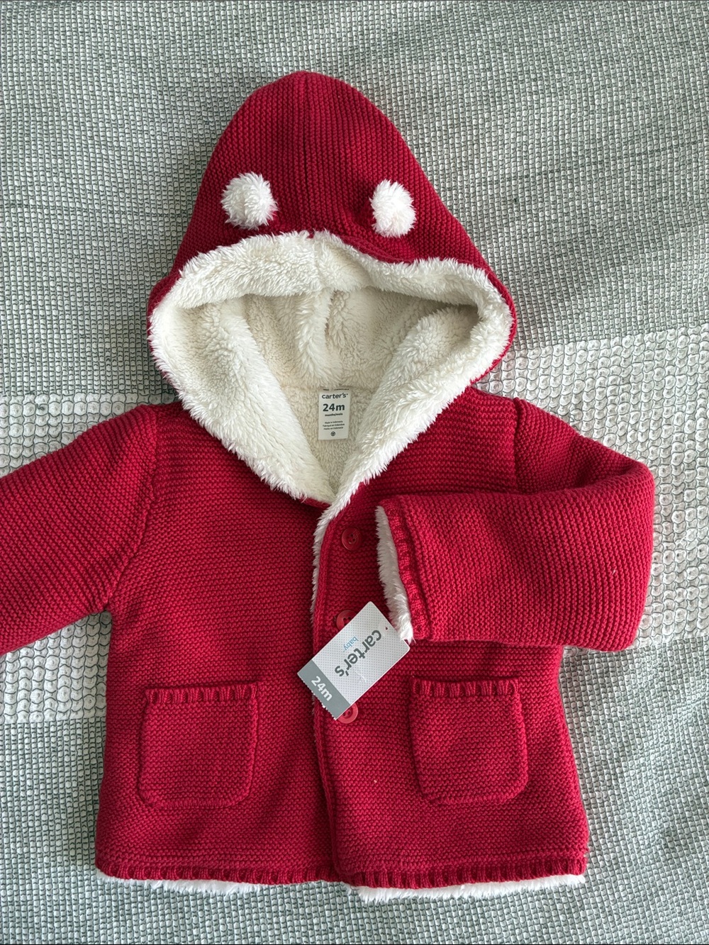 NWT Carter's Red Knit Hooded Sweater with Cream Sherpa Lining